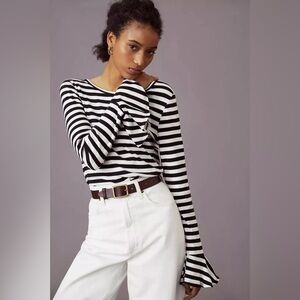 Anthropologie Maeve Black and White Striped Bell Sleeve Top
